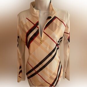 San Soleil UPF 59 Zip-Up Top - XS tan white red , nylon spandex